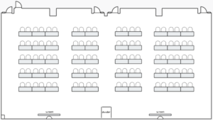 Classroom style seating arrangement with chairs and desks in a row.