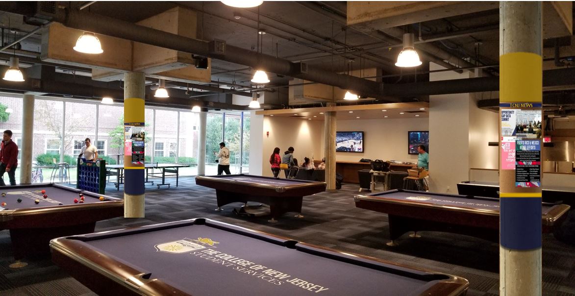 Game room features multiple pool tables and two flat screen TVs.